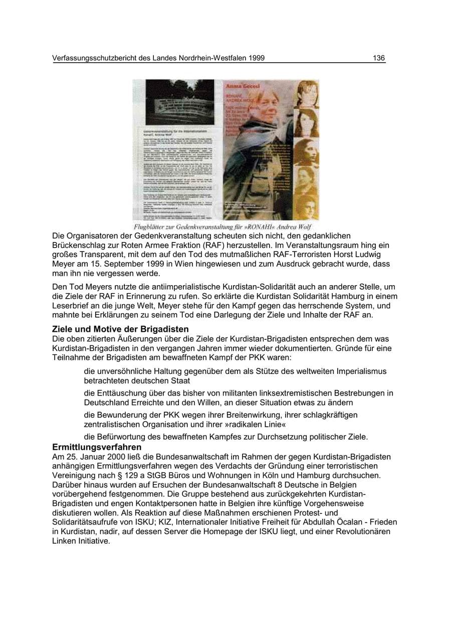Seite 136 des Verfassungsschutzbericht 1999 Nordrhein-Westfalen