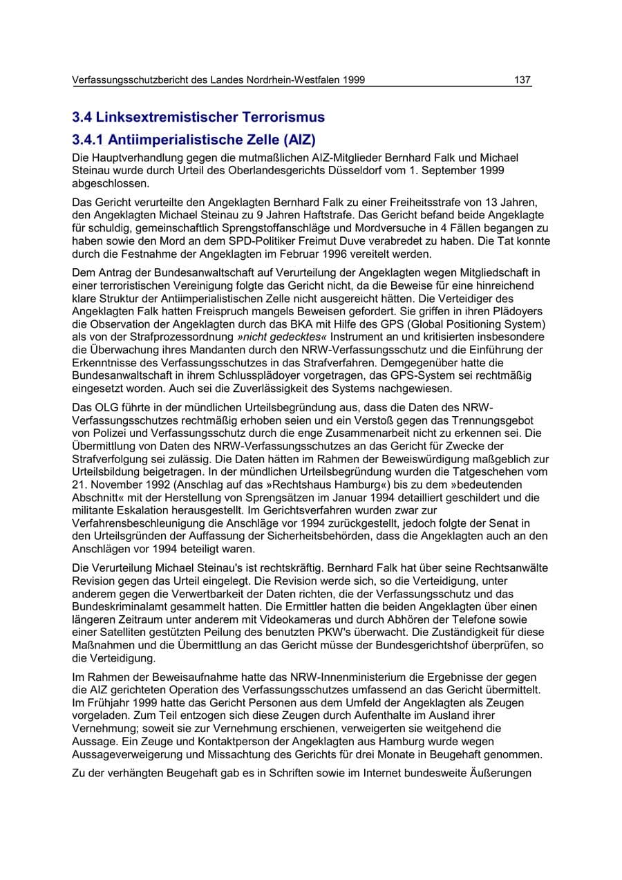 Seite 137 des Verfassungsschutzbericht 1999 Nordrhein-Westfalen