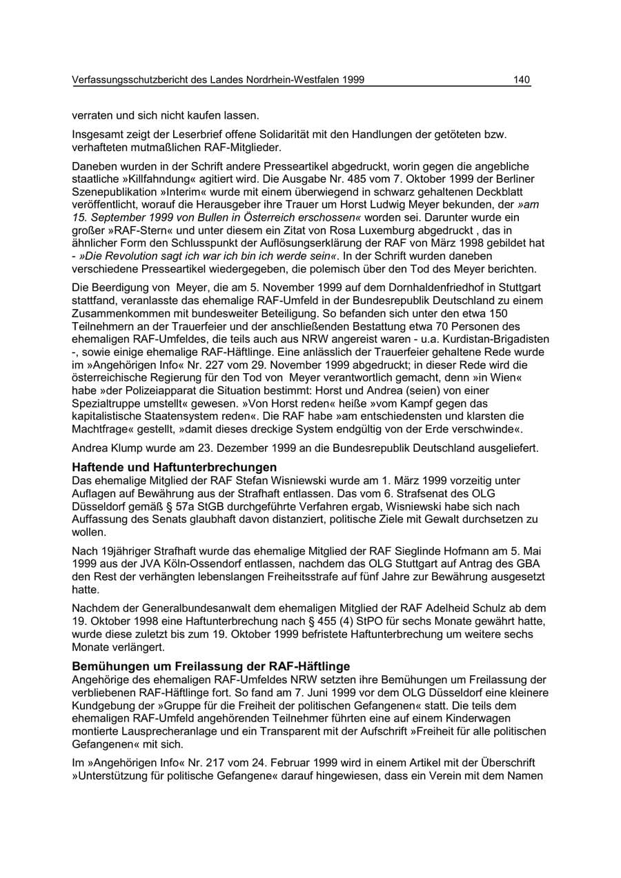 Seite 140 des Verfassungsschutzbericht 1999 Nordrhein-Westfalen