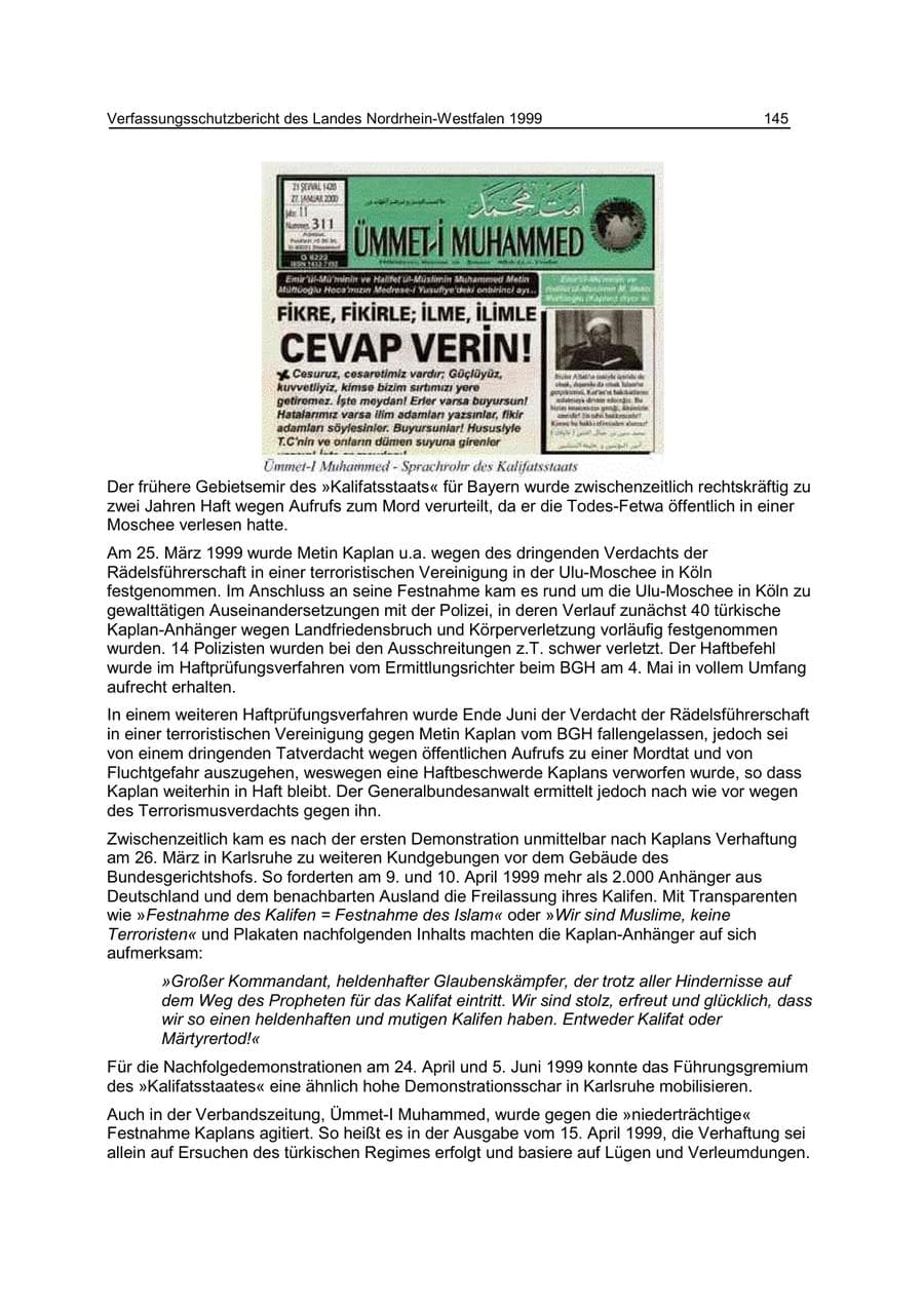 Seite 145 des Verfassungsschutzbericht 1999 Nordrhein-Westfalen