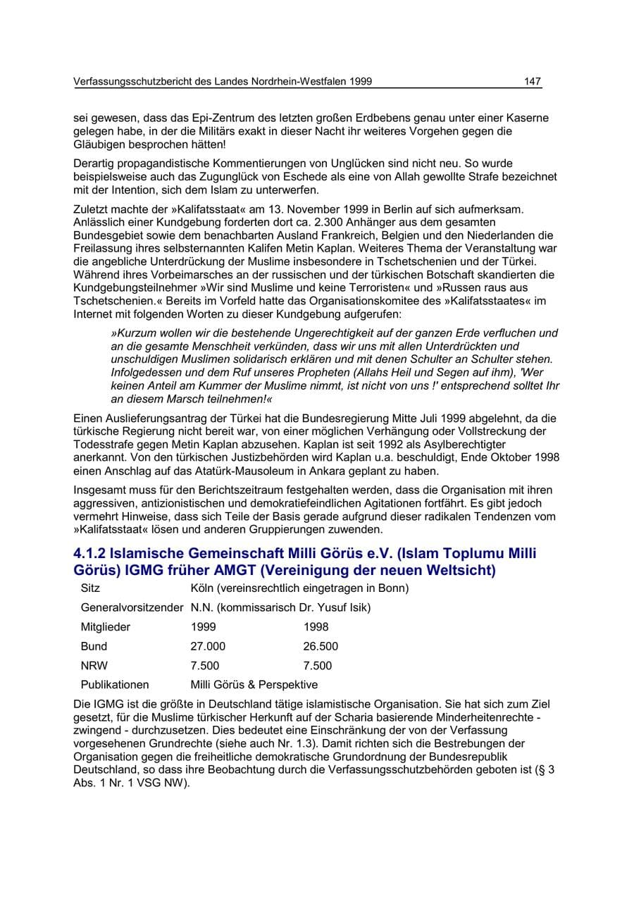 Seite 147 des Verfassungsschutzbericht 1999 Nordrhein-Westfalen