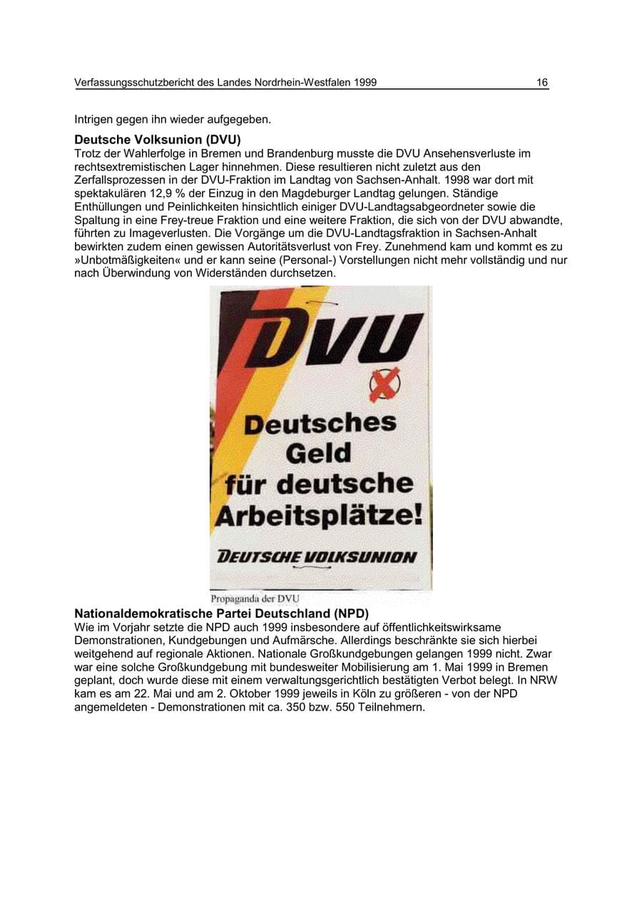 Seite 16 des Verfassungsschutzbericht 1999 Nordrhein-Westfalen
