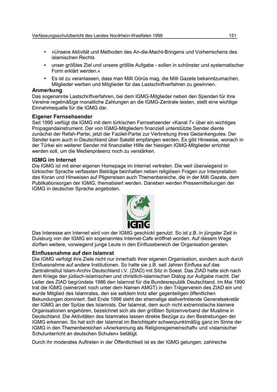 Seite 151 des Verfassungsschutzbericht 1999 Nordrhein-Westfalen
