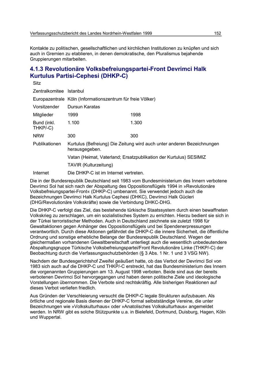 Seite 152 des Verfassungsschutzbericht 1999 Nordrhein-Westfalen