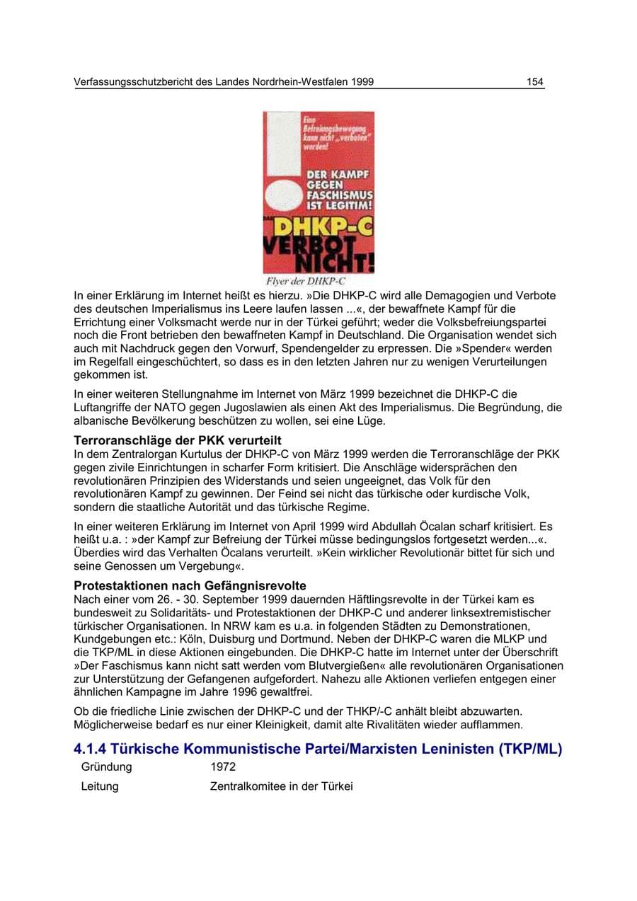 Seite 154 des Verfassungsschutzbericht 1999 Nordrhein-Westfalen