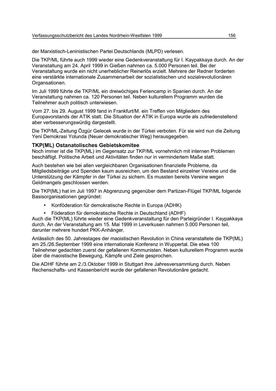 Seite 156 des Verfassungsschutzbericht 1999 Nordrhein-Westfalen