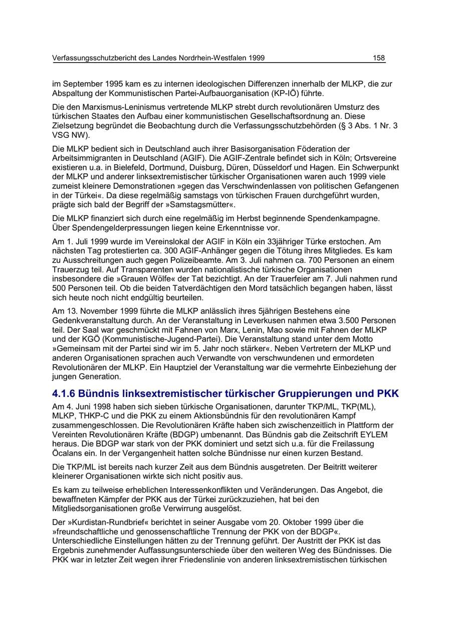 Seite 158 des Verfassungsschutzbericht 1999 Nordrhein-Westfalen