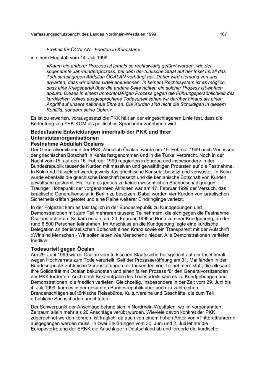 Seite 167 des Verfassungsschutzbericht 1999 Nordrhein-Westfalen