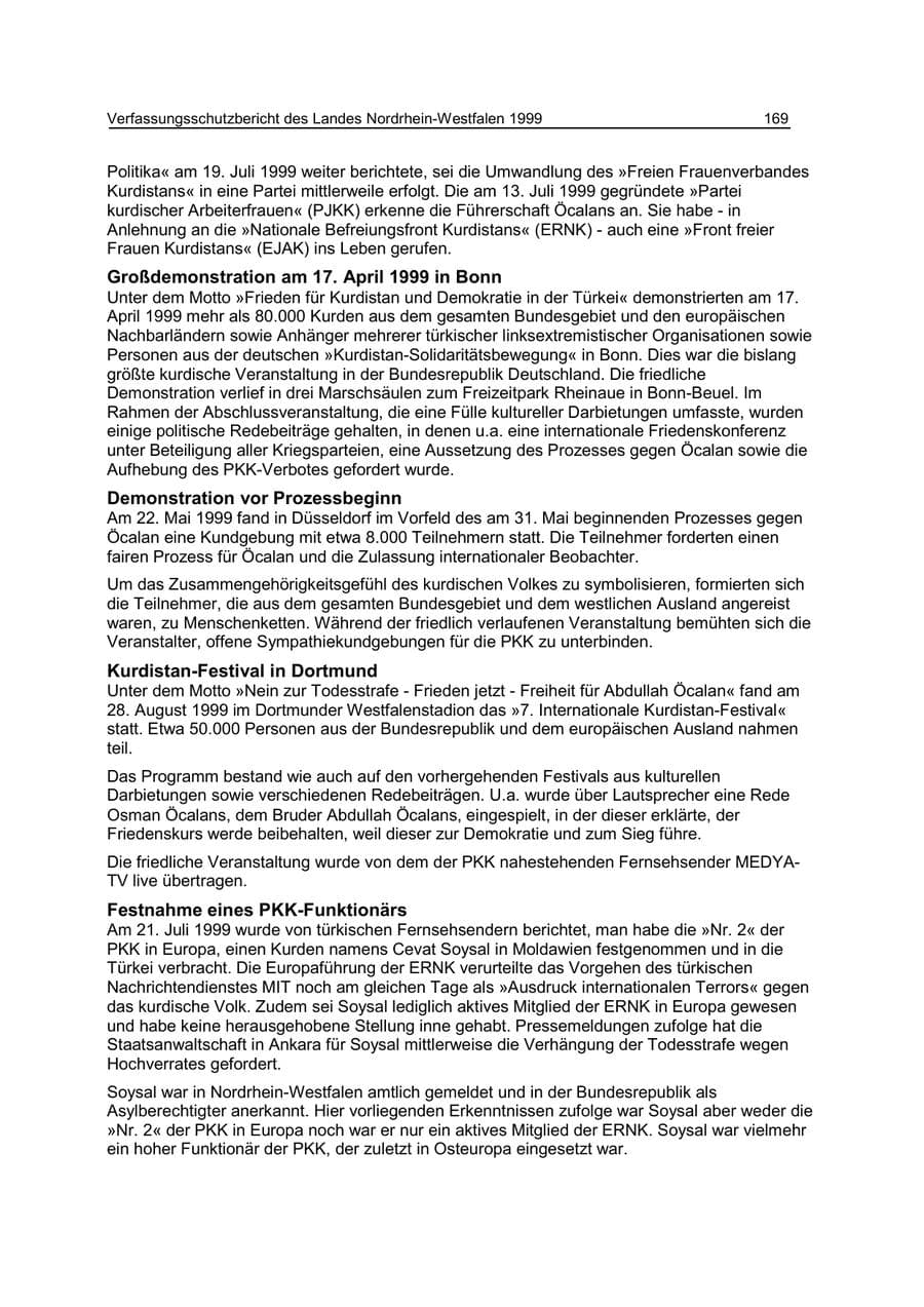 Seite 169 des Verfassungsschutzbericht 1999 Nordrhein-Westfalen
