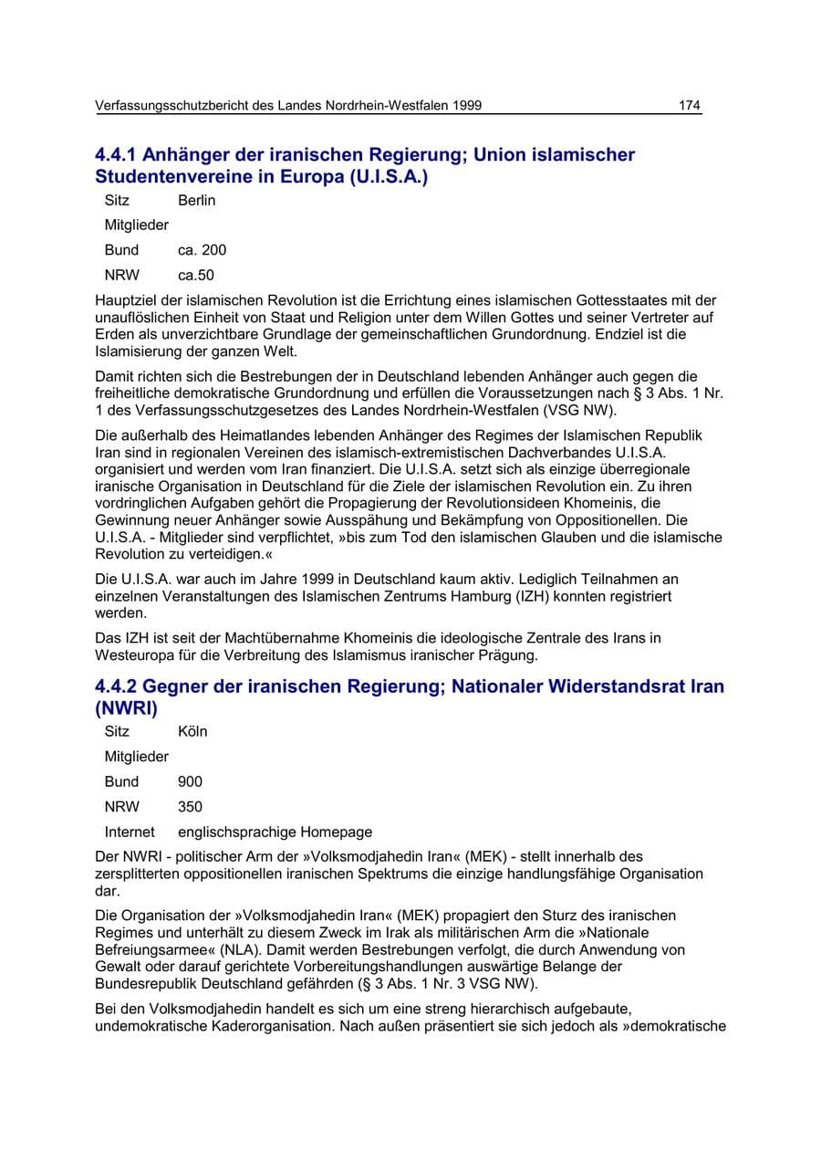 Seite 174 des Verfassungsschutzbericht 1999 Nordrhein-Westfalen