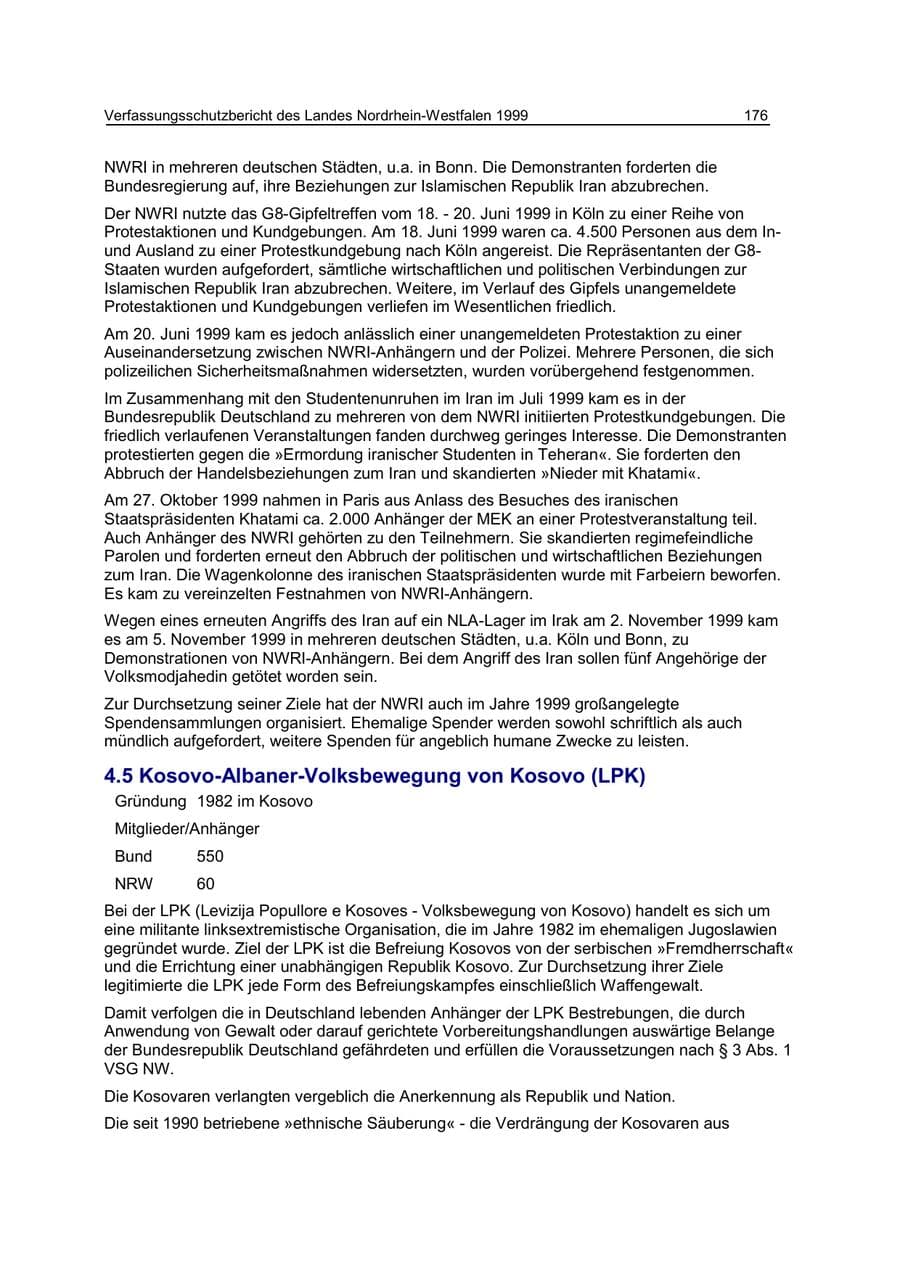 Seite 176 des Verfassungsschutzbericht 1999 Nordrhein-Westfalen