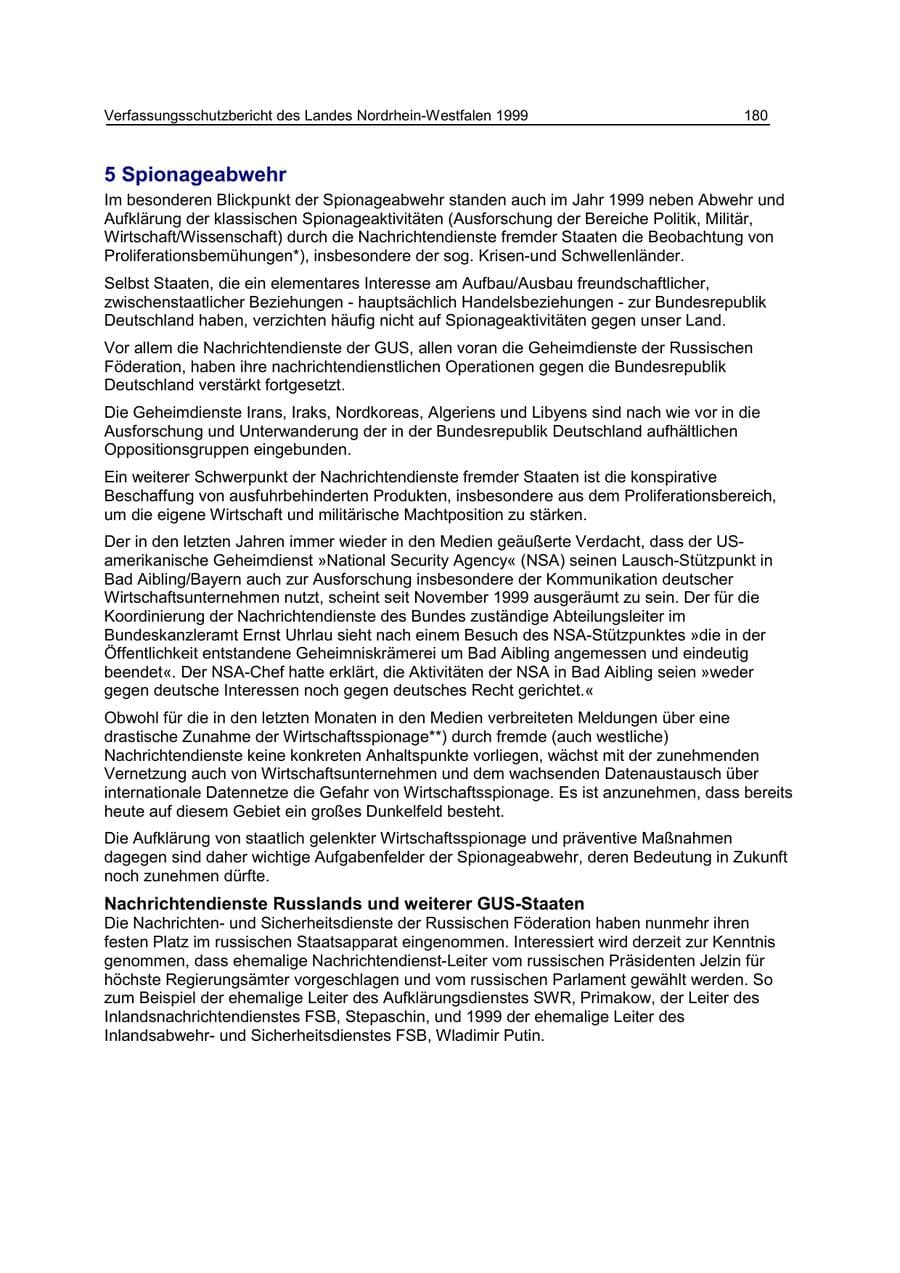 Seite 180 des Verfassungsschutzbericht 1999 Nordrhein-Westfalen