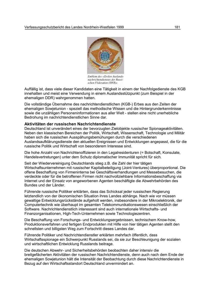 Seite 181 des Verfassungsschutzbericht 1999 Nordrhein-Westfalen