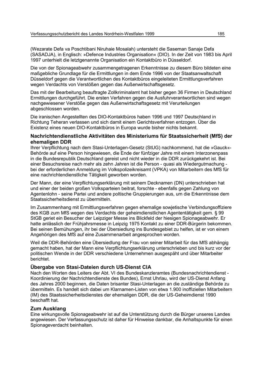 Seite 185 des Verfassungsschutzbericht 1999 Nordrhein-Westfalen