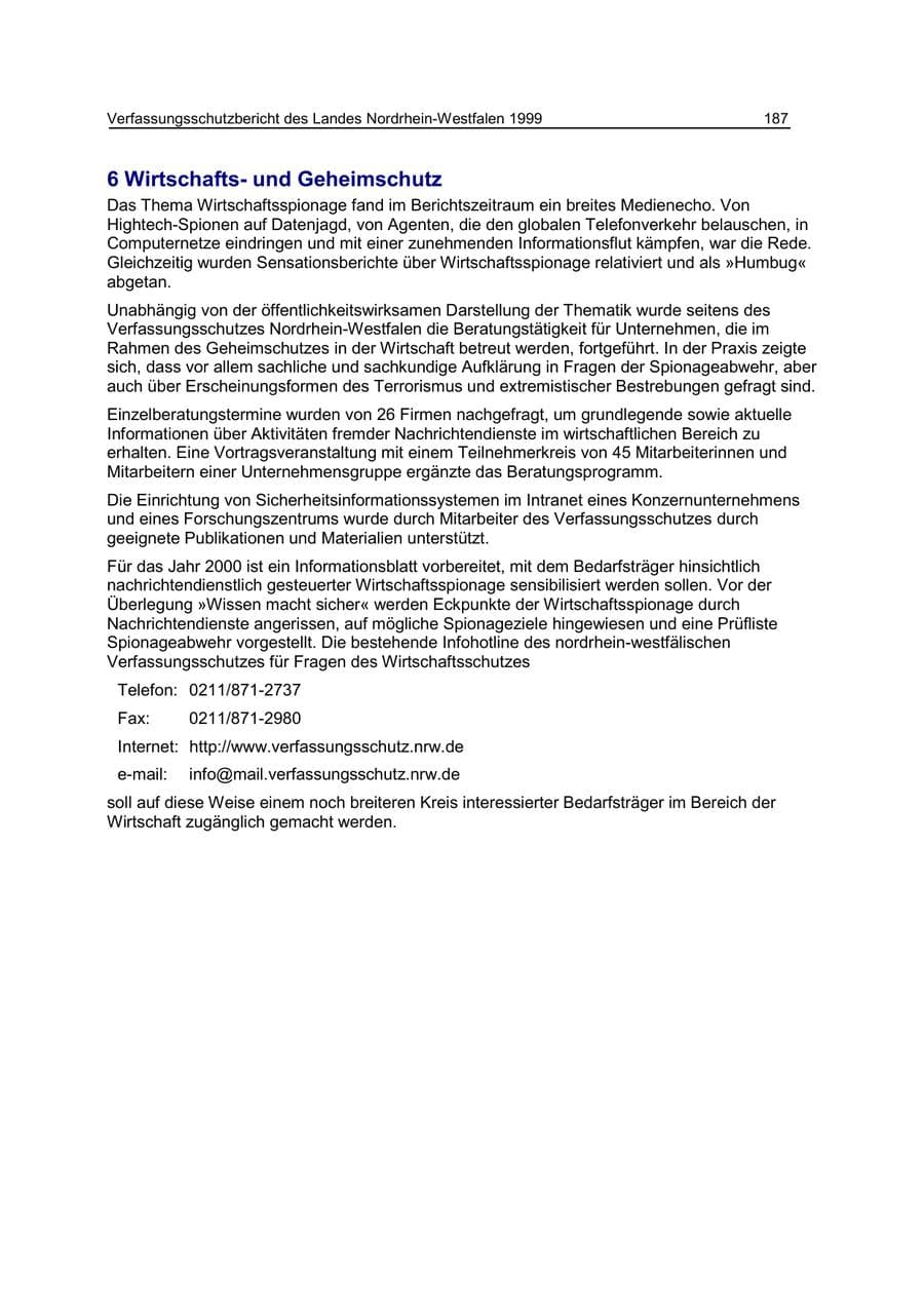 Seite 187 des Verfassungsschutzbericht 1999 Nordrhein-Westfalen