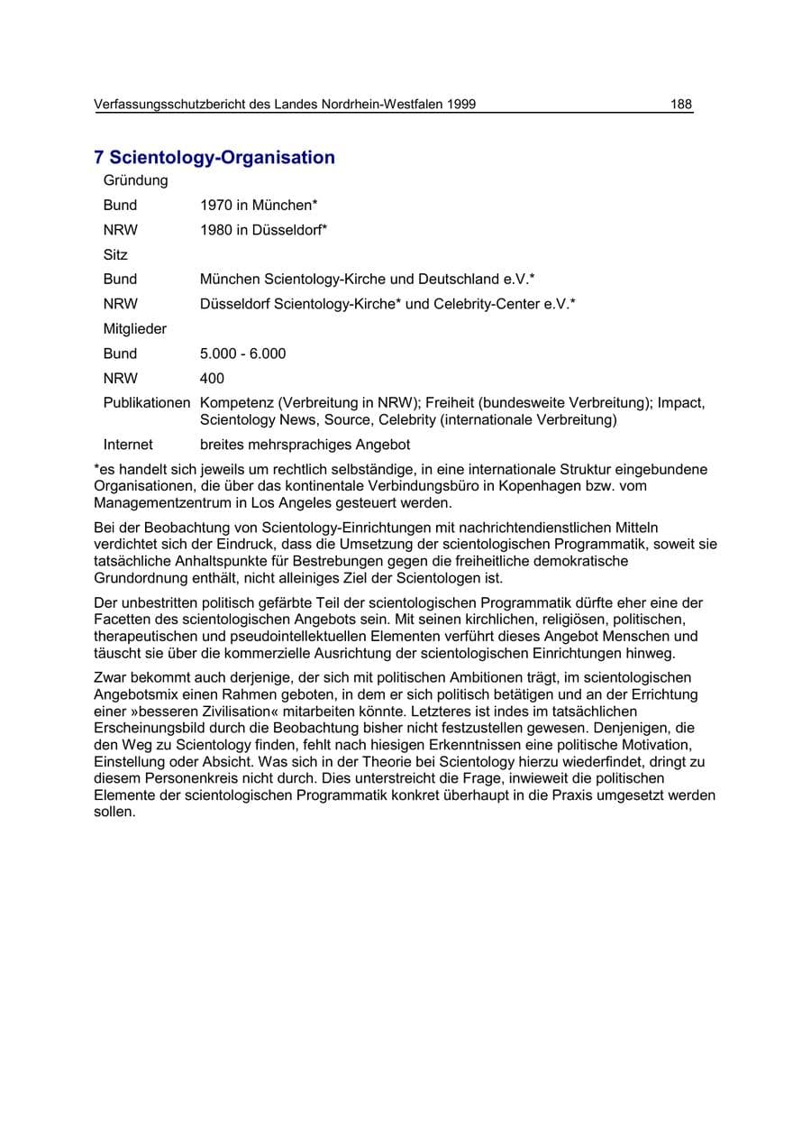 Seite 188 des Verfassungsschutzbericht 1999 Nordrhein-Westfalen