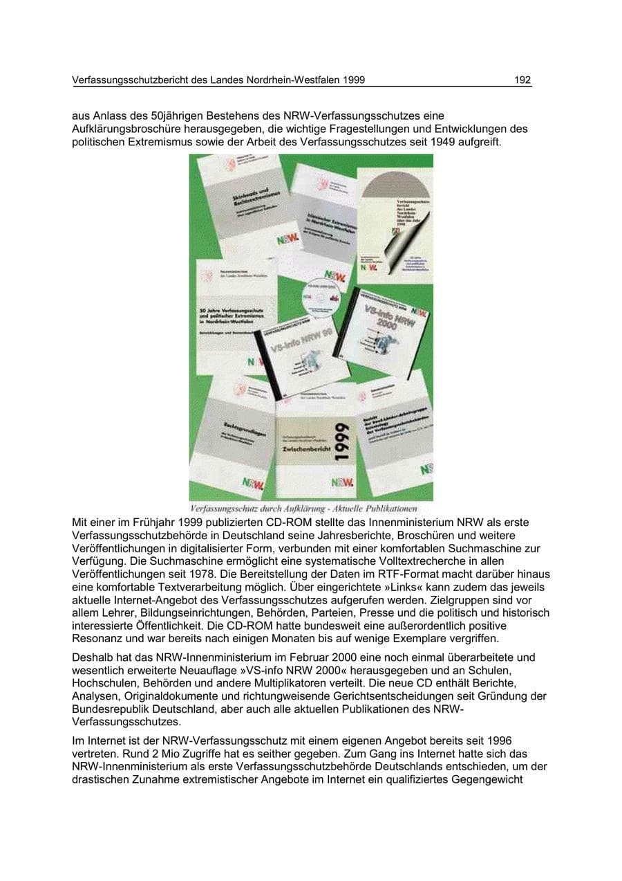 Seite 192 des Verfassungsschutzbericht 1999 Nordrhein-Westfalen
