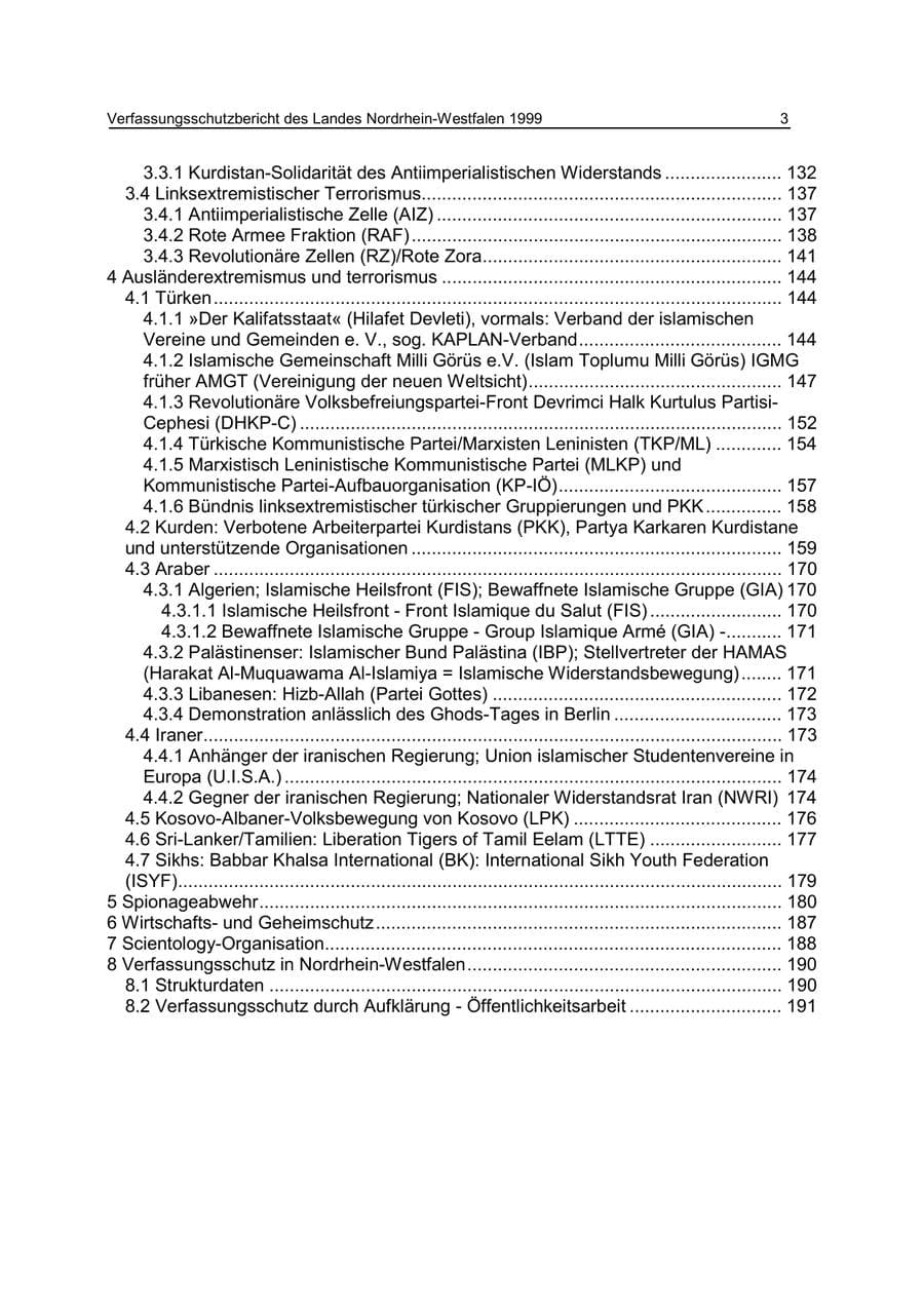 Seite 3 des Verfassungsschutzbericht 1999 Nordrhein-Westfalen