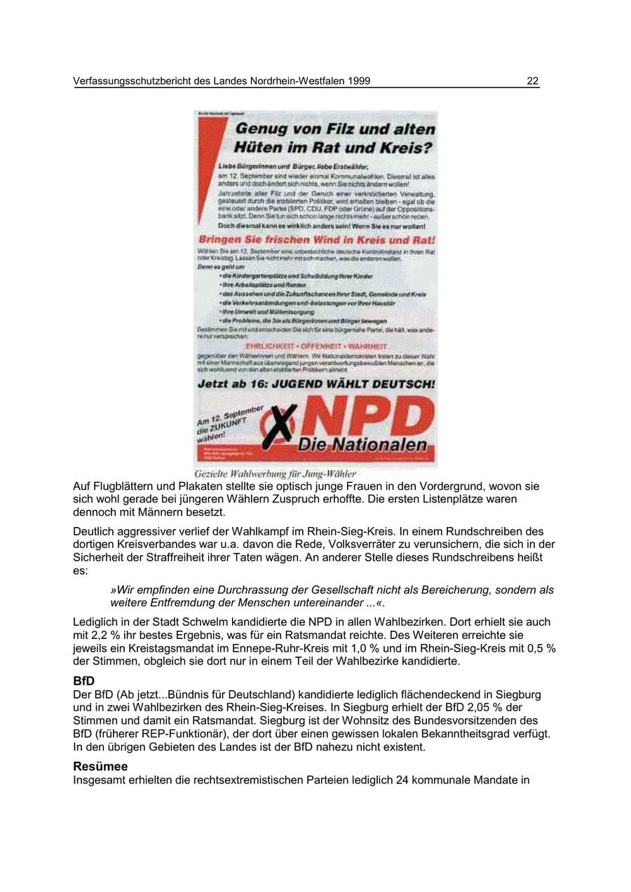 Seite 22 des Verfassungsschutzbericht 1999 Nordrhein-Westfalen