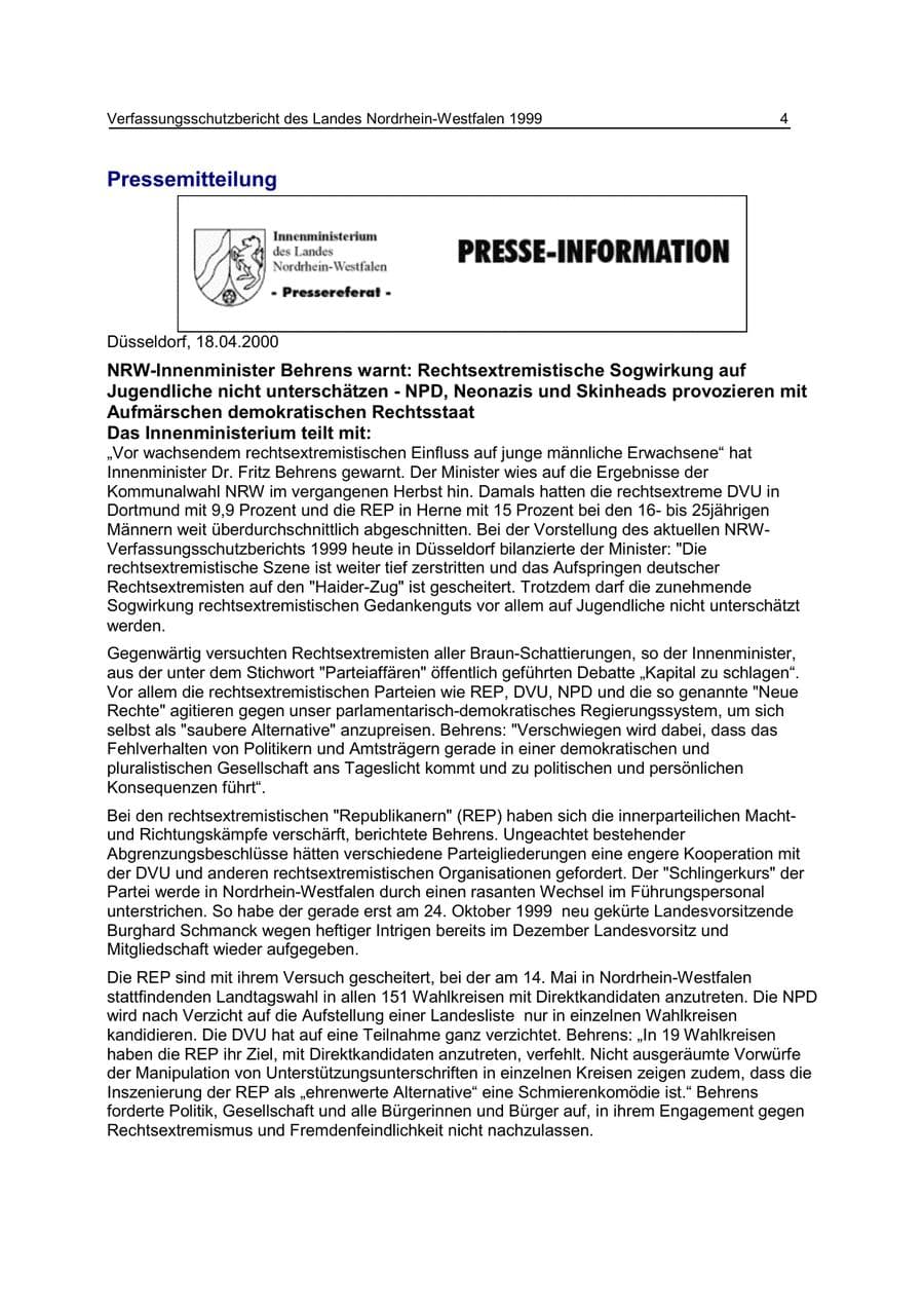 Seite 4 des Verfassungsschutzbericht 1999 Nordrhein-Westfalen