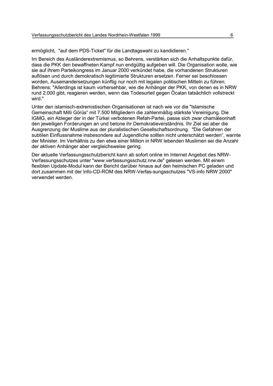 Seite 6 des Verfassungsschutzbericht 1999 Nordrhein-Westfalen