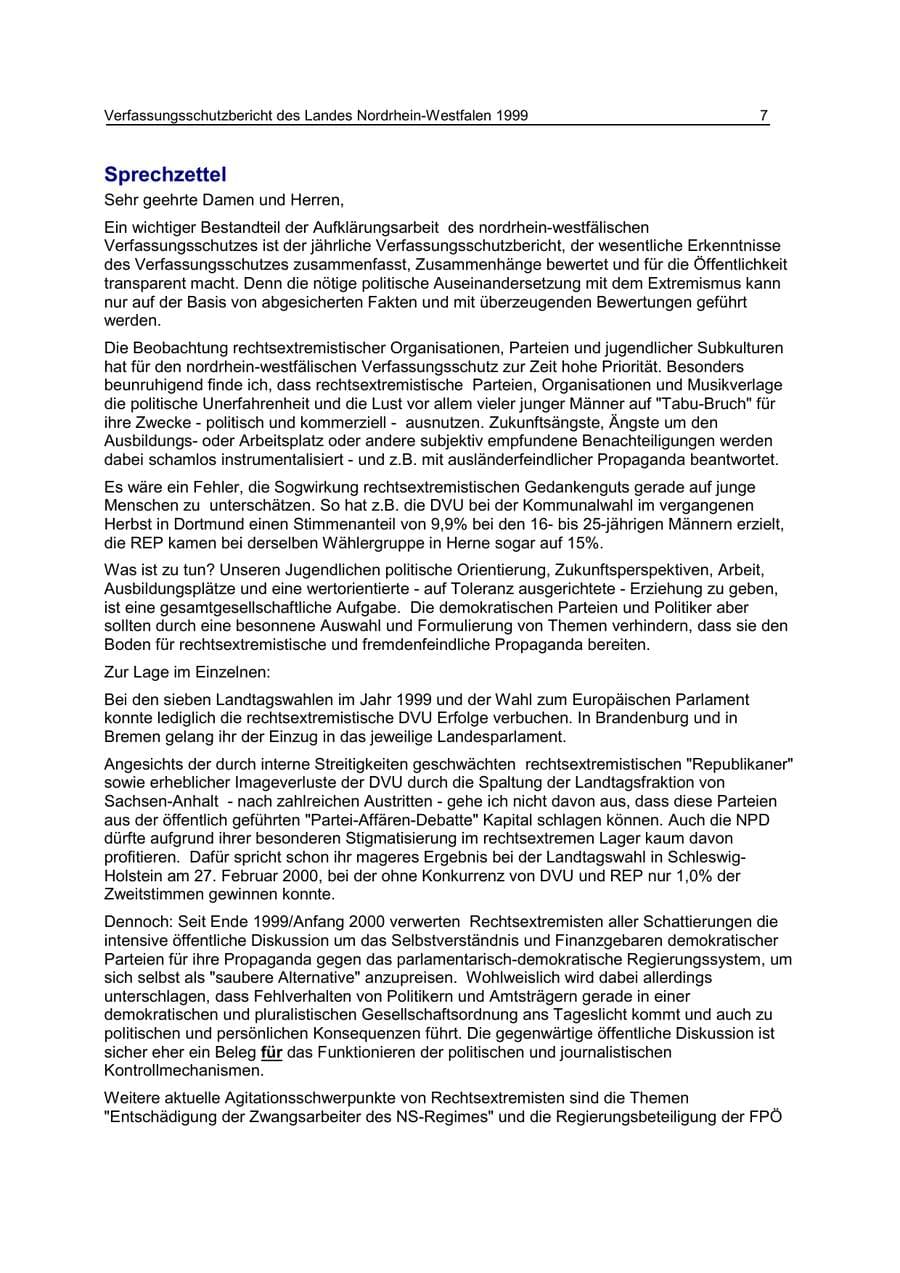 Seite 7 des Verfassungsschutzbericht 1999 Nordrhein-Westfalen