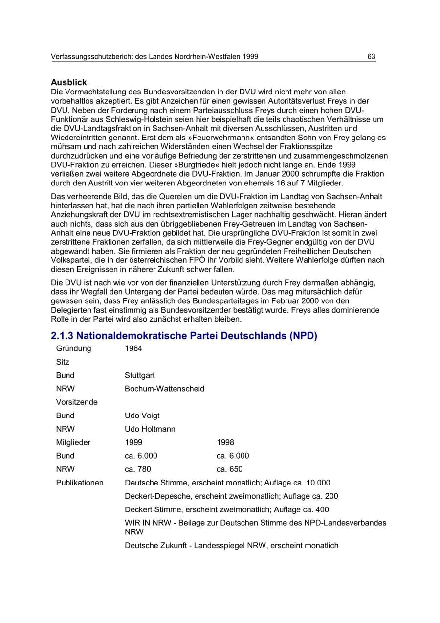 Seite 63 des Verfassungsschutzbericht 1999 Nordrhein-Westfalen