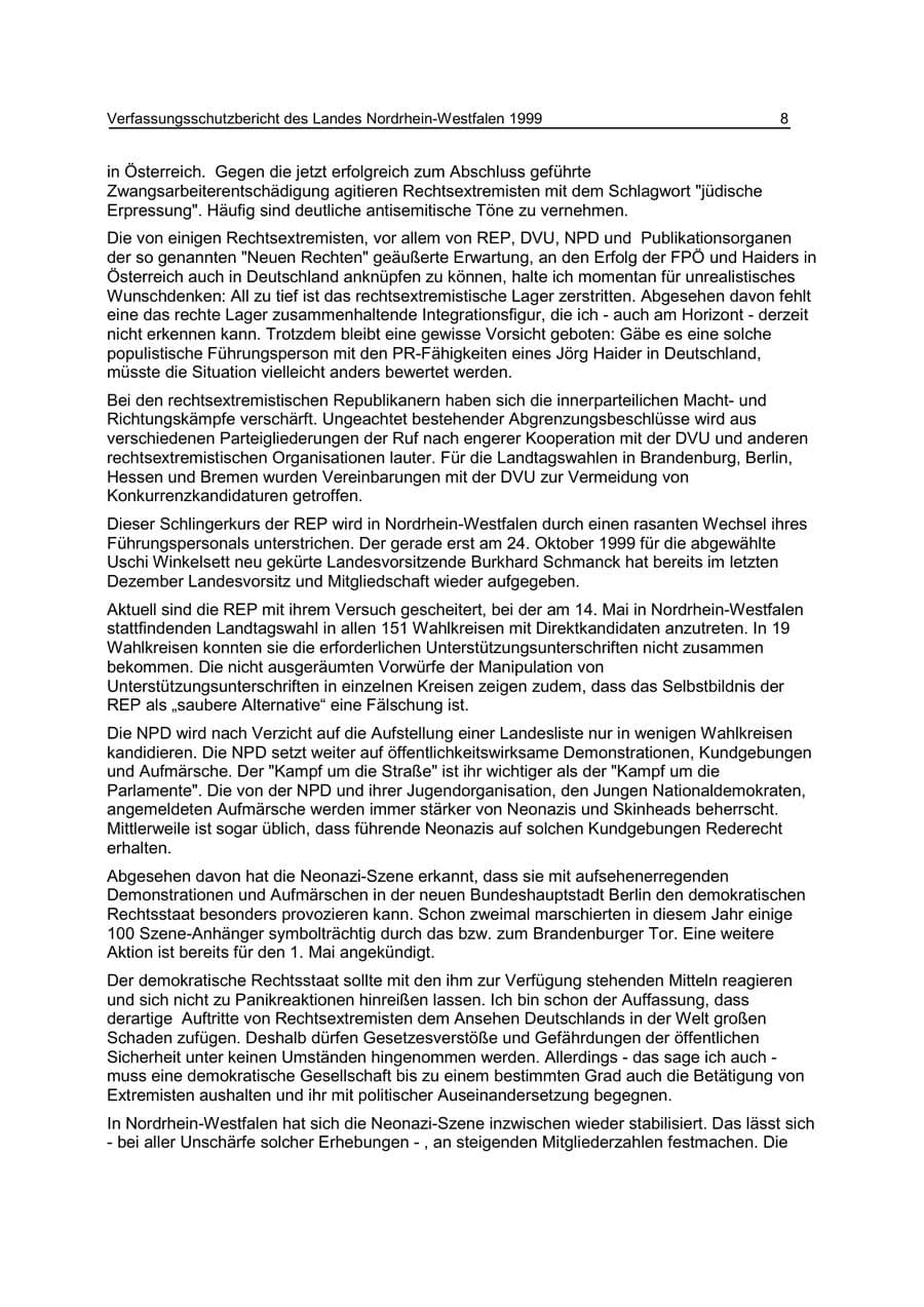 Seite 8 des Verfassungsschutzbericht 1999 Nordrhein-Westfalen