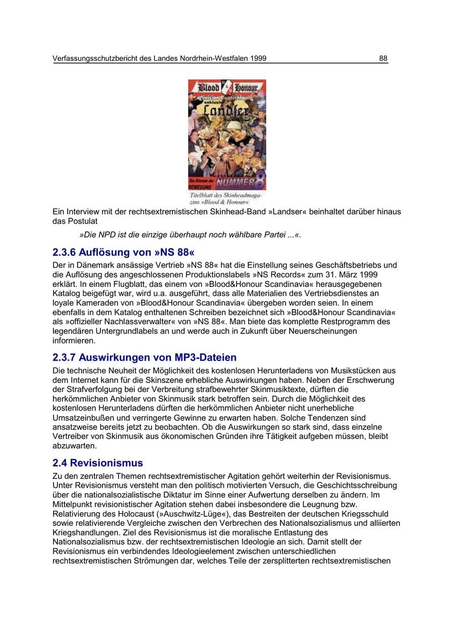 Seite 88 des Verfassungsschutzbericht 1999 Nordrhein-Westfalen