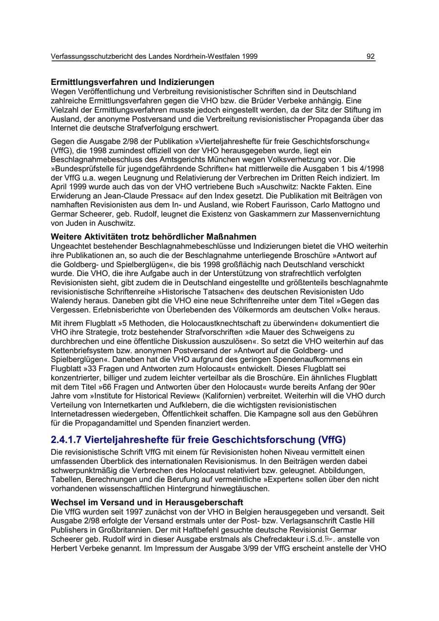 Seite 92 des Verfassungsschutzbericht 1999 Nordrhein-Westfalen