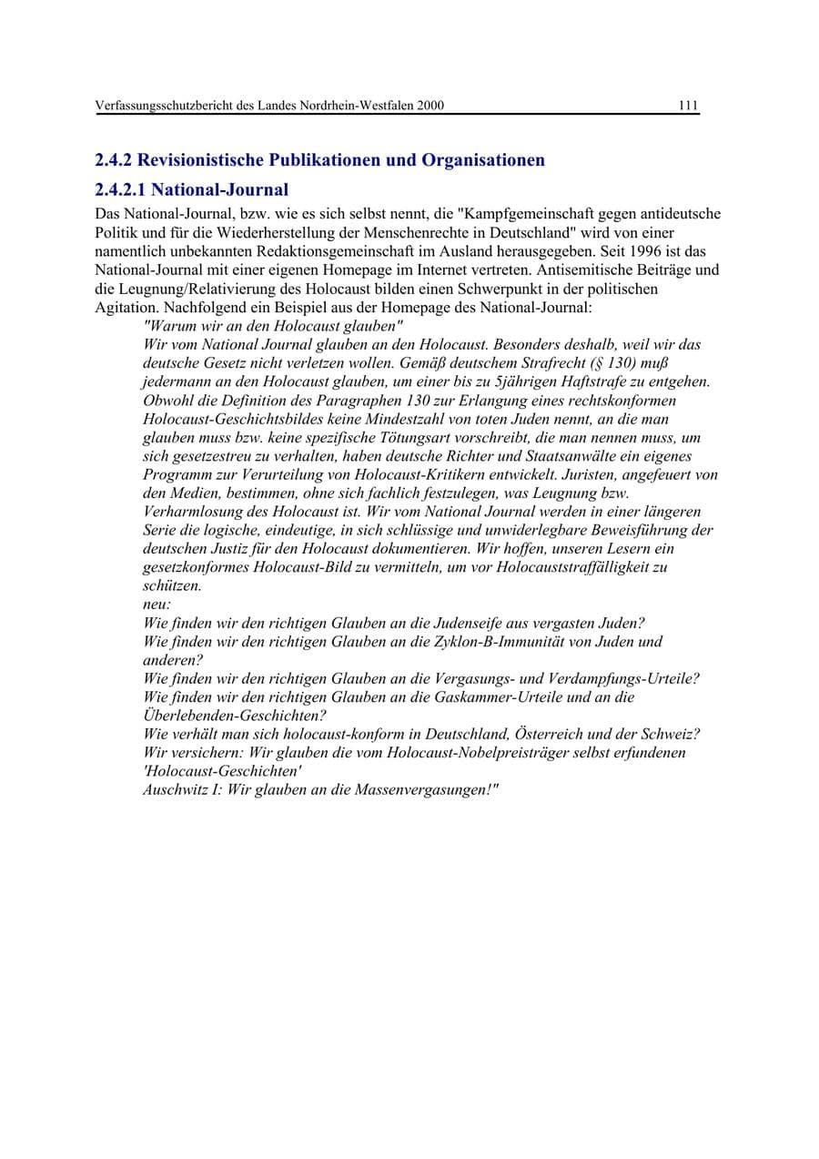 Seite 111 des Verfassungsschutzbericht 2000 Nordrhein-Westfalen