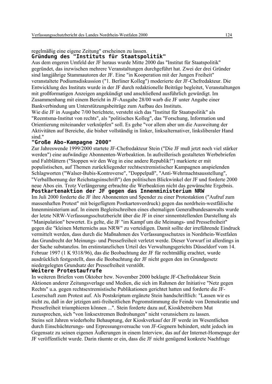 Seite 124 des Verfassungsschutzbericht 2000 Nordrhein-Westfalen