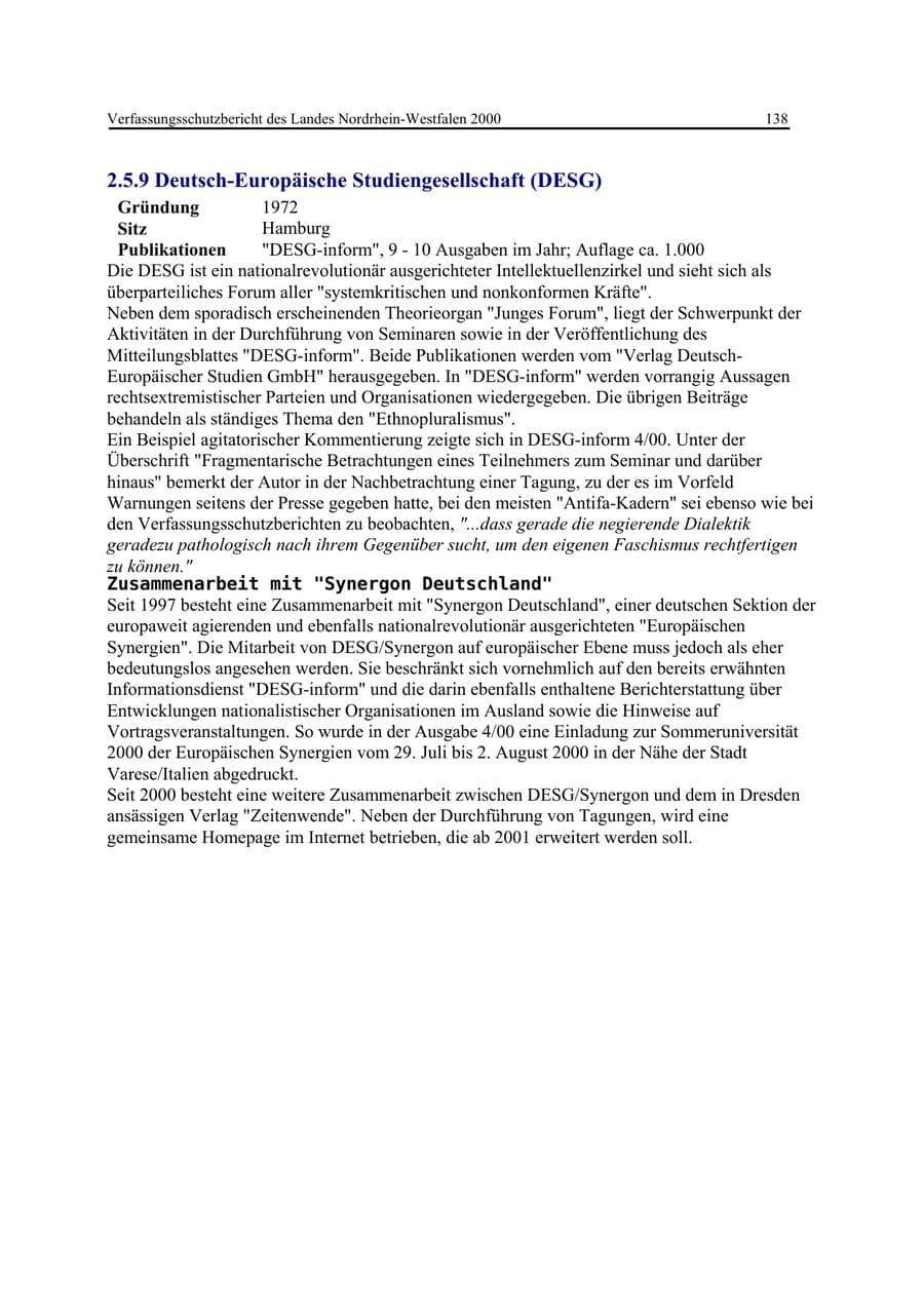 Seite 138 des Verfassungsschutzbericht 2000 Nordrhein-Westfalen