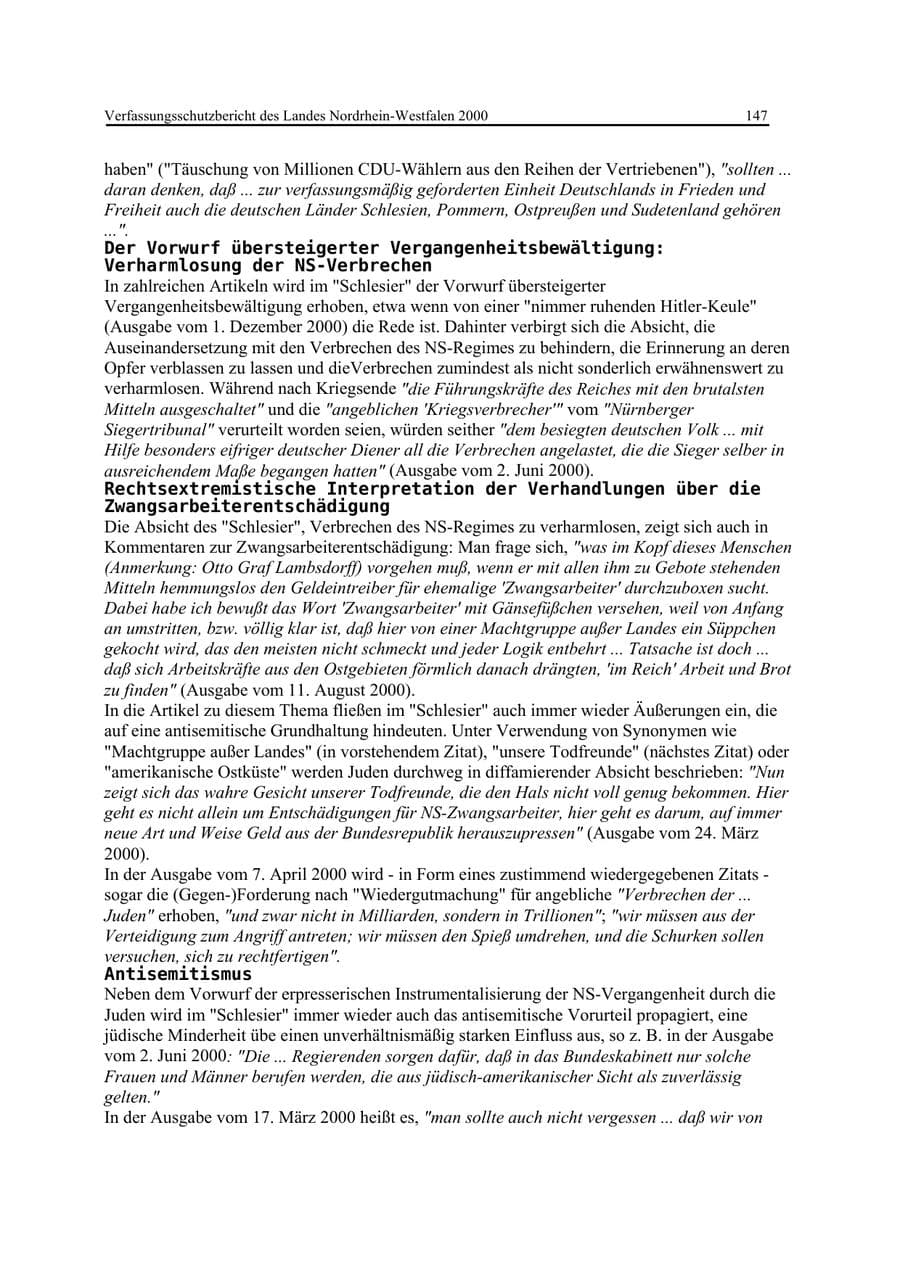 Seite 147 des Verfassungsschutzbericht 2000 Nordrhein-Westfalen