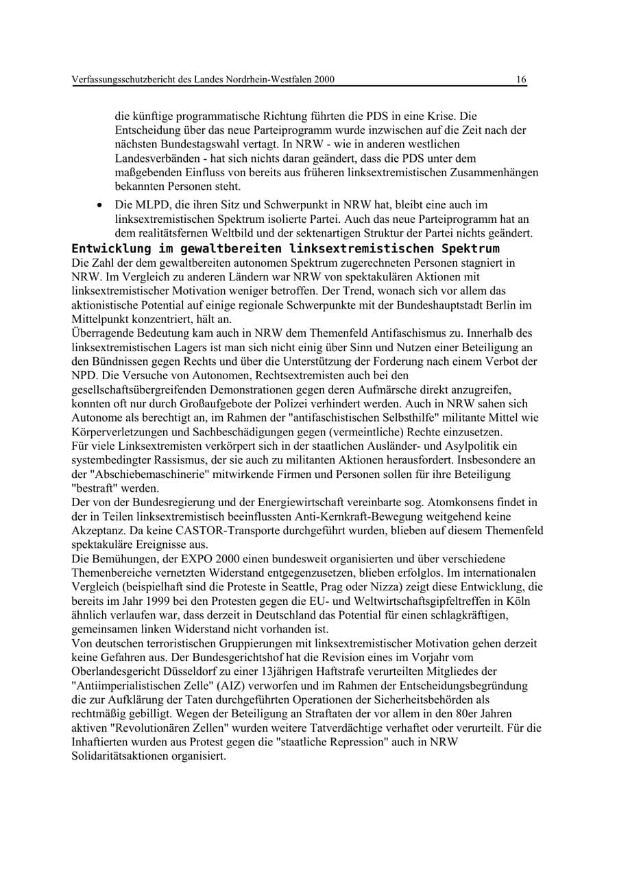 Seite 16 des Verfassungsschutzbericht 2000 Nordrhein-Westfalen