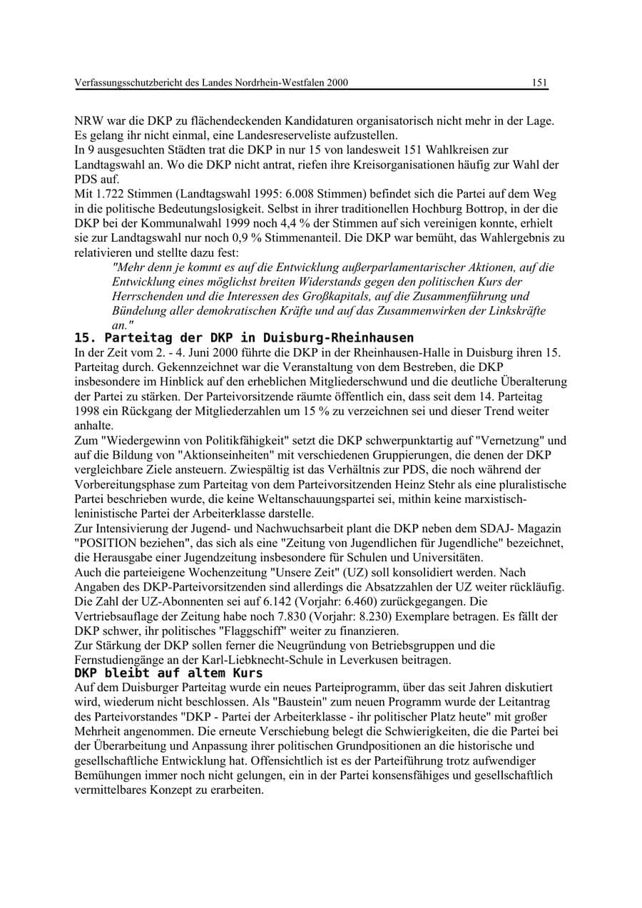 Seite 151 des Verfassungsschutzbericht 2000 Nordrhein-Westfalen