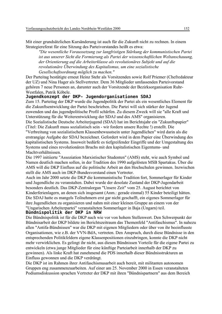 Seite 152 des Verfassungsschutzbericht 2000 Nordrhein-Westfalen