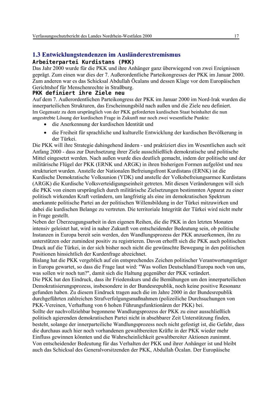 Seite 17 des Verfassungsschutzbericht 2000 Nordrhein-Westfalen