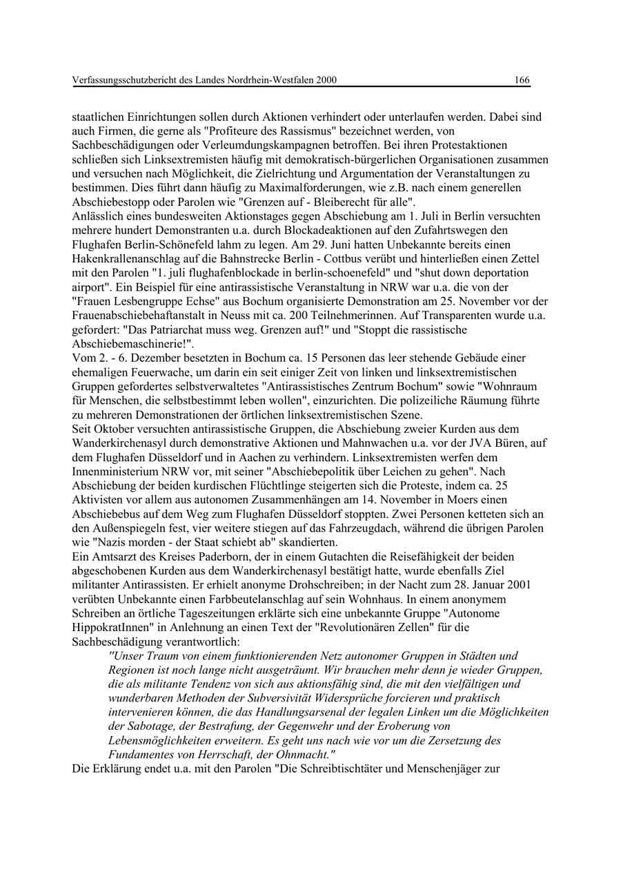 Seite 166 des Verfassungsschutzbericht 2000 Nordrhein-Westfalen