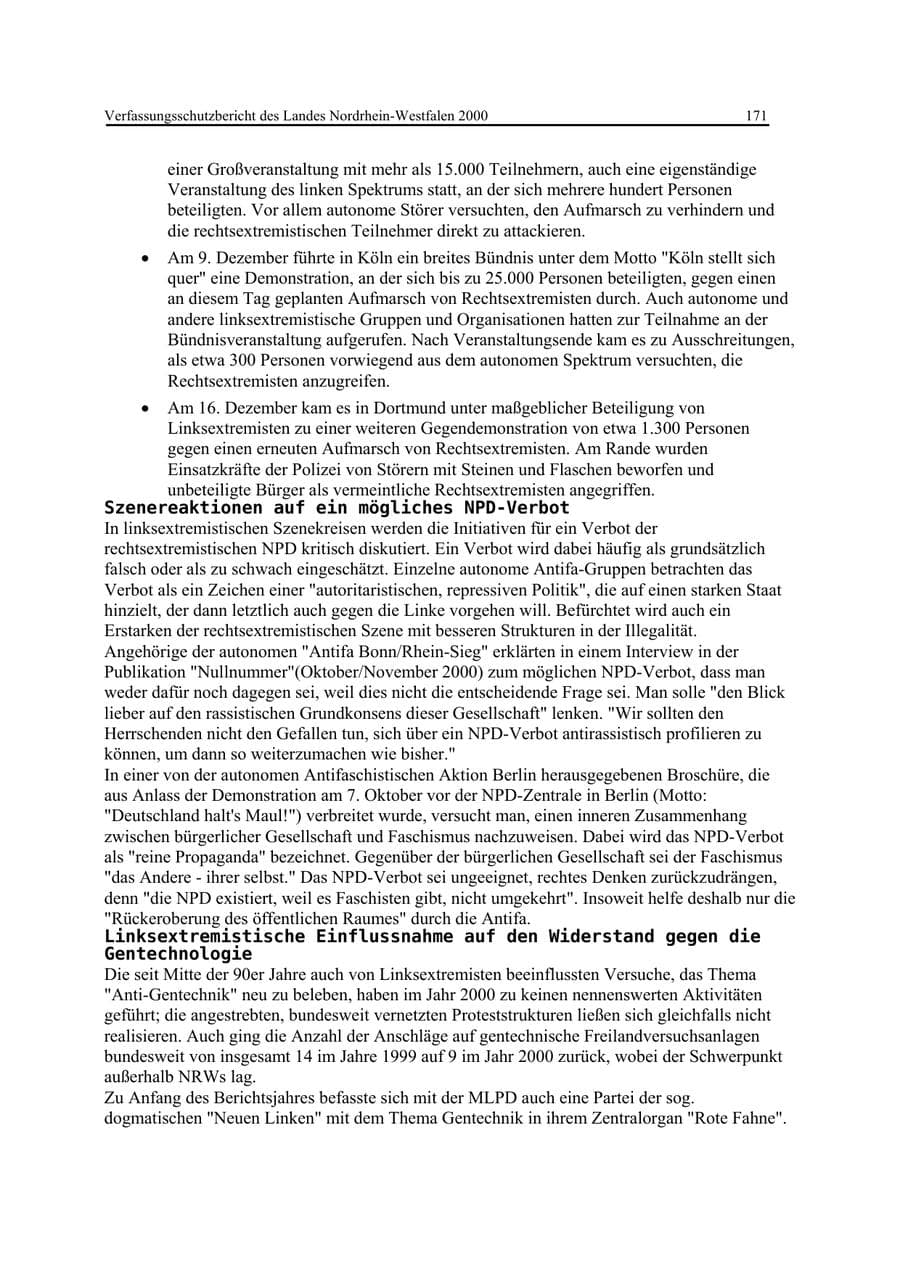Seite 171 des Verfassungsschutzbericht 2000 Nordrhein-Westfalen