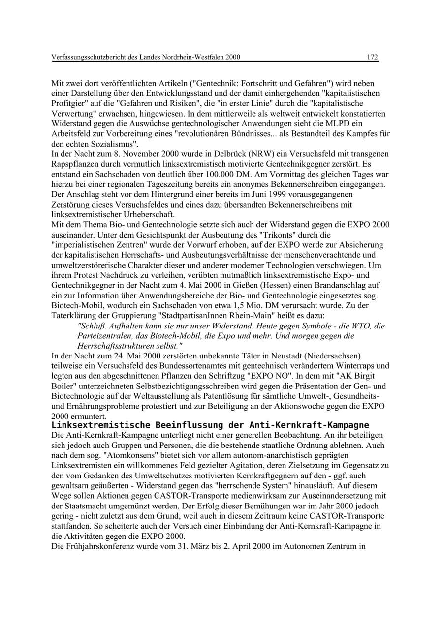 Seite 172 des Verfassungsschutzbericht 2000 Nordrhein-Westfalen