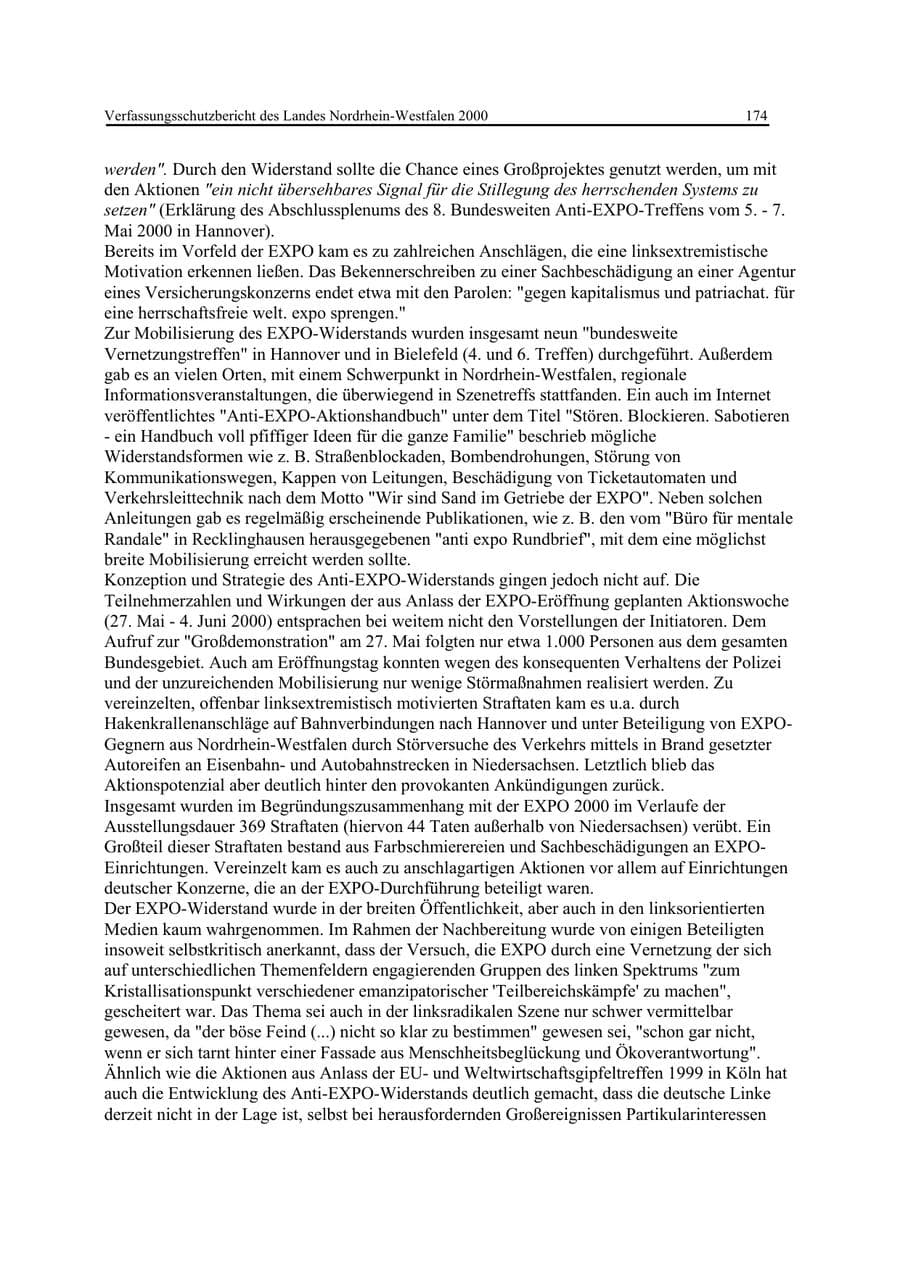 Seite 174 des Verfassungsschutzbericht 2000 Nordrhein-Westfalen