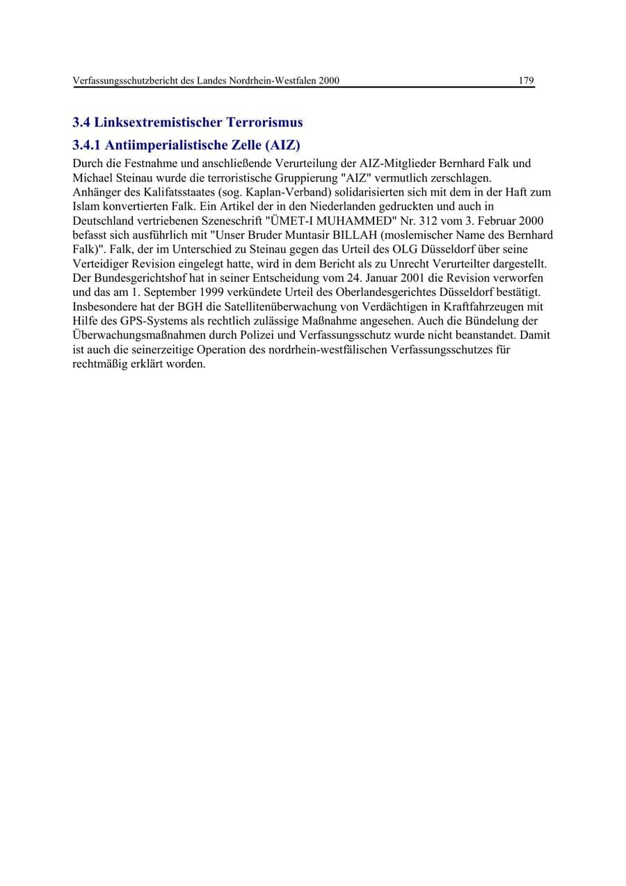 Seite 179 des Verfassungsschutzbericht 2000 Nordrhein-Westfalen