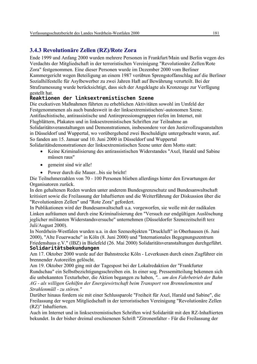 Seite 181 des Verfassungsschutzbericht 2000 Nordrhein-Westfalen