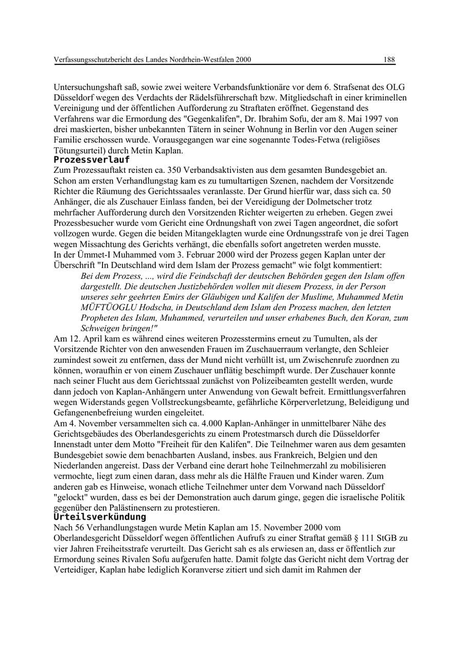 Seite 188 des Verfassungsschutzbericht 2000 Nordrhein-Westfalen
