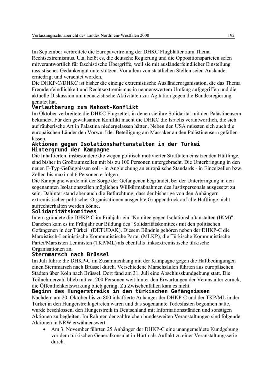 Seite 192 des Verfassungsschutzbericht 2000 Nordrhein-Westfalen