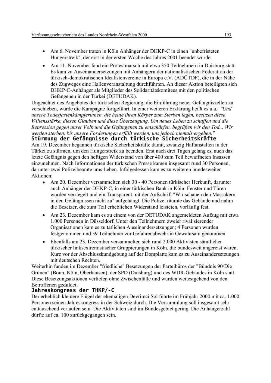Seite 193 des Verfassungsschutzbericht 2000 Nordrhein-Westfalen