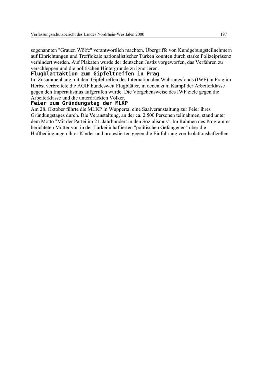 Seite 197 des Verfassungsschutzbericht 2000 Nordrhein-Westfalen