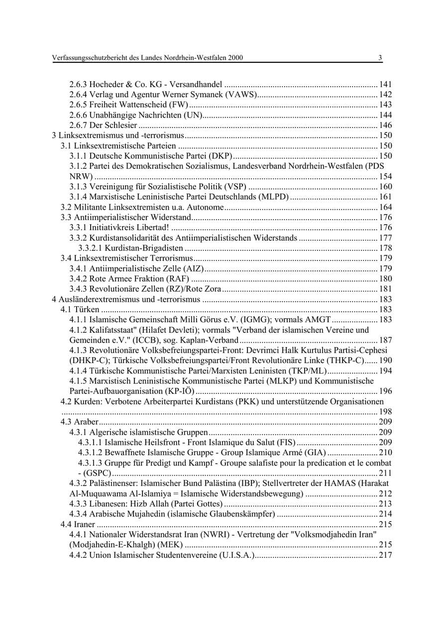 Seite 3 des Verfassungsschutzbericht 2000 Nordrhein-Westfalen
