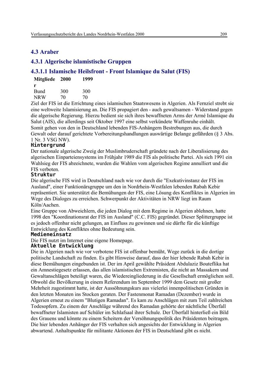 Seite 209 des Verfassungsschutzbericht 2000 Nordrhein-Westfalen